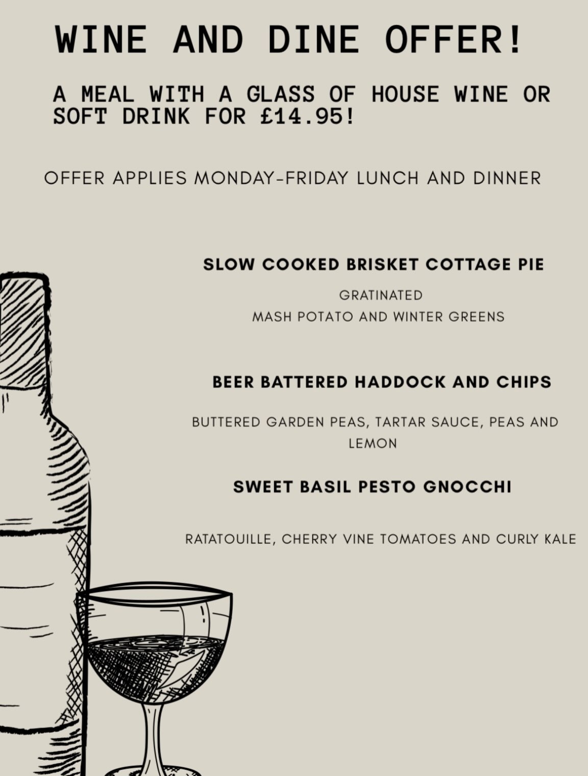 Our wine and dine offer is back 🍷Starting Monday 2nd November!
Available Monday-Fridays lunch and dinner 🍽️Any of these 3 courses and a glass of wine or soft drink for £14.95#wineanddine #winter #November #Gibsons #Cromer